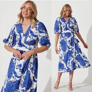 WHITE CLOSET ELEMENTS Linen Blend Wrap Tie Waist Midi Dress Cobalt Blue Size M